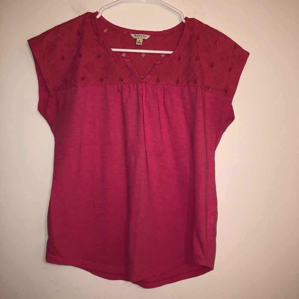 Sonoma Pink Short Sleeve Top with Crochet Yoke Womens S